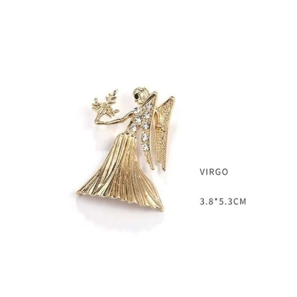 Virgo‎ Angel Brooch Gold Tone Crystal Pin – Zodiac Guardian Gift 3.8×5.3cm